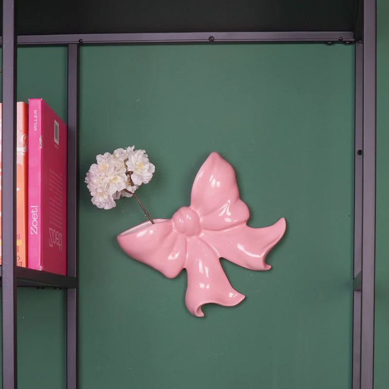 Vaas- Muurvaas Strik- Keramiek- Roze- 19x18,5x5,5 cm