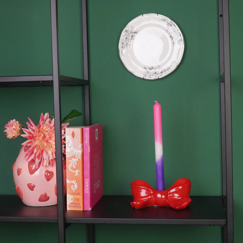 Kandelaar- Kaarshouder Strik- Keramiek- Rood- 18x9x7 cm