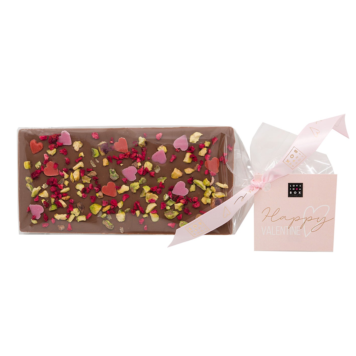 Valentijn Luxe Chocolade Reep Hartjes, Pistache & Framboos Melk – 100g