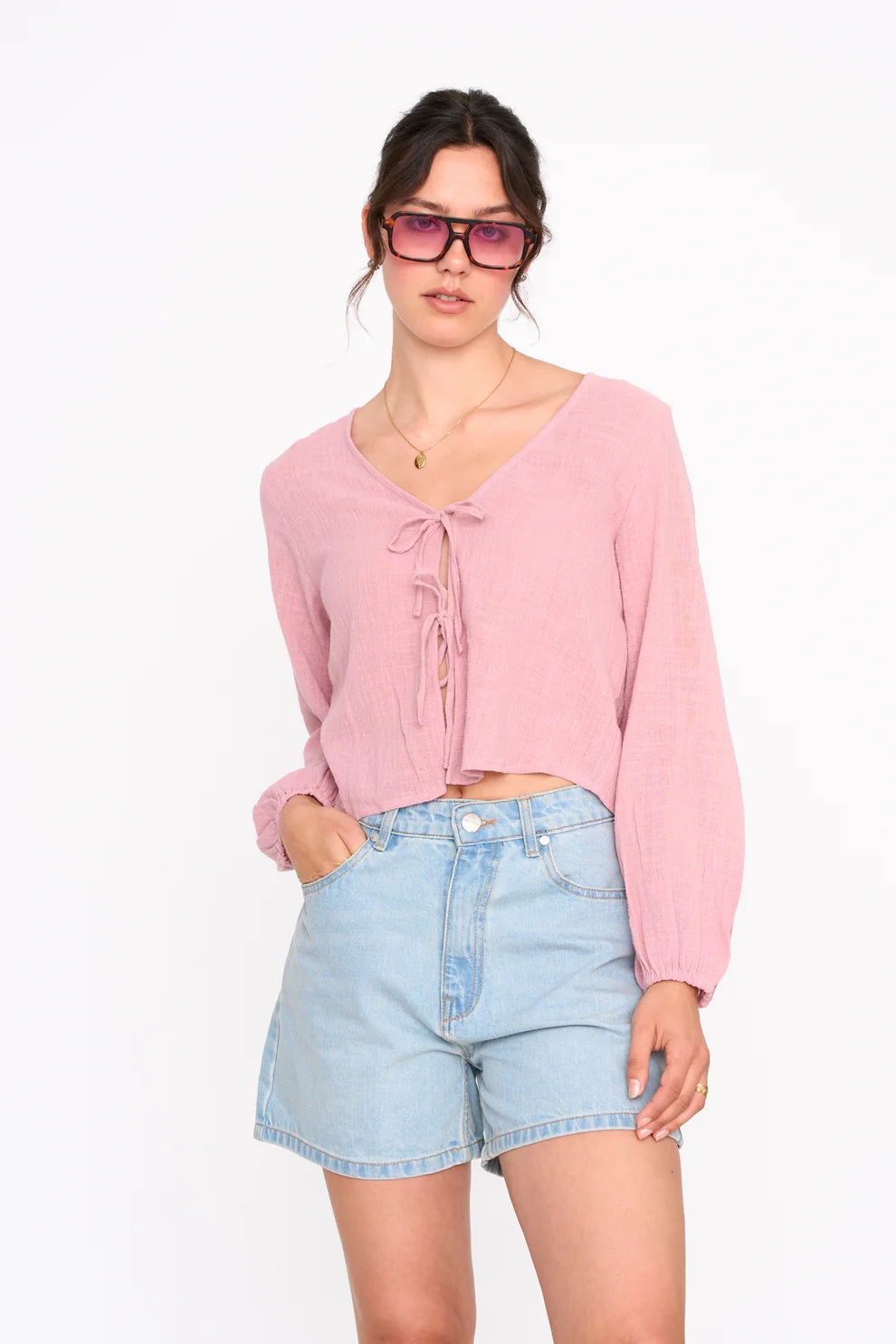 24C Blouse Katoen Strik - oudroze