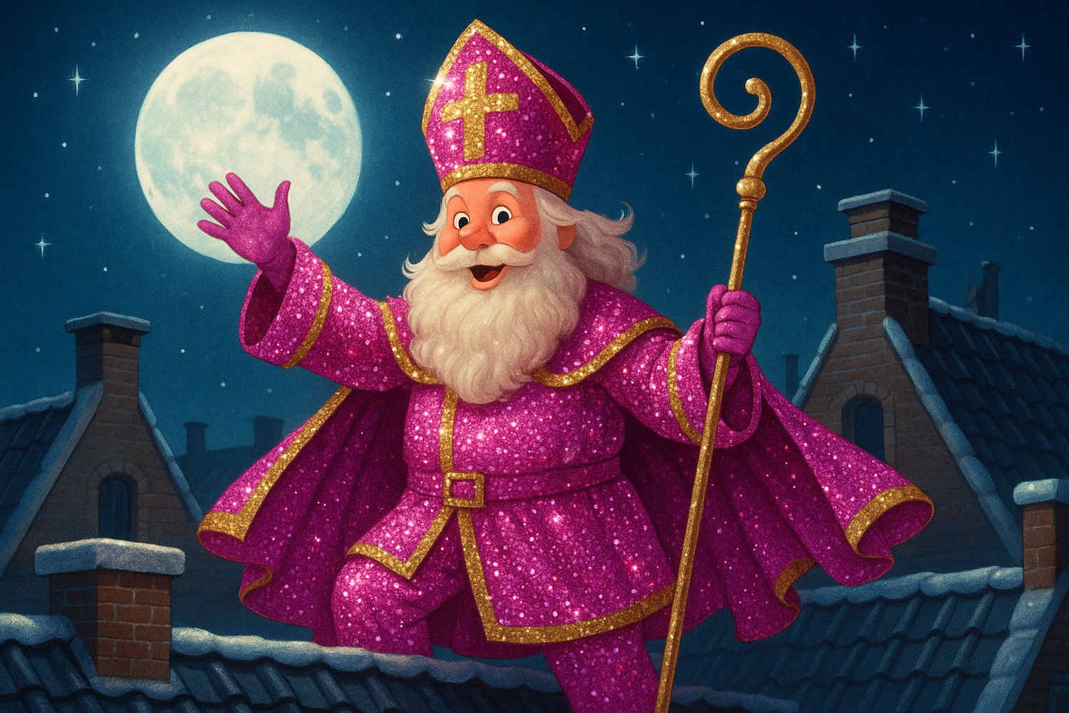 vrolijke sinterklaas op de daken in de maneschijn met roze disco glitter kleding aan