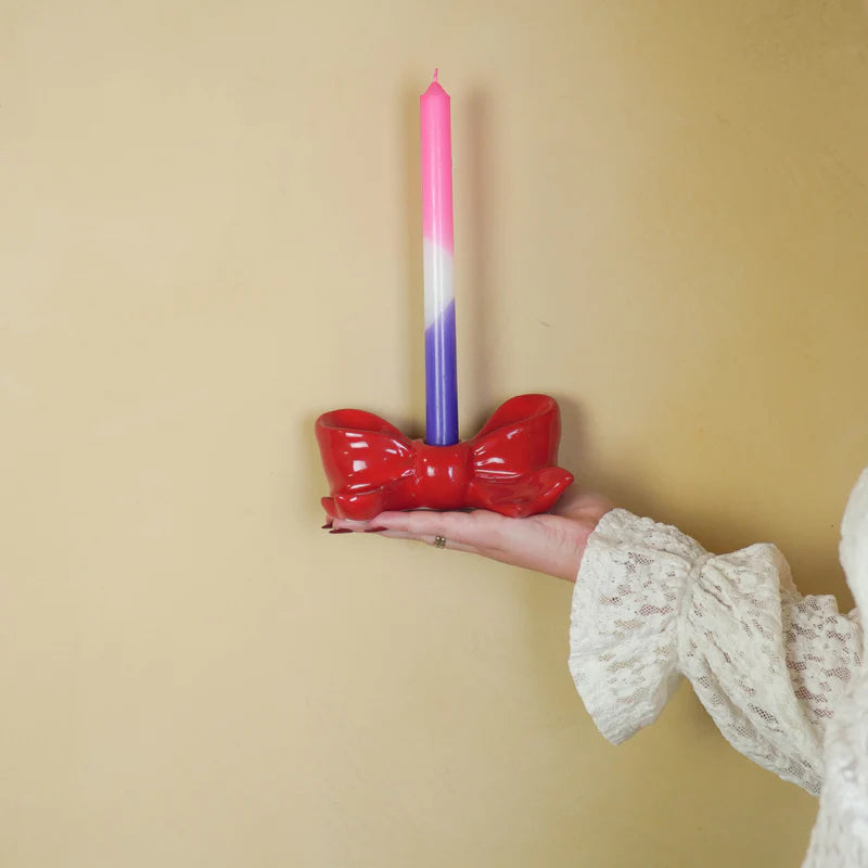 Kandelaar- Kaarshouder Strik- Keramiek- Rood- 18x9x7 cm