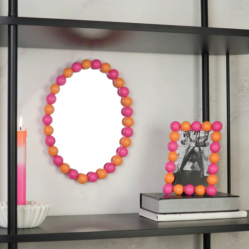 Wand Spiegel met Bolletjesrand - oranje/neon-roze