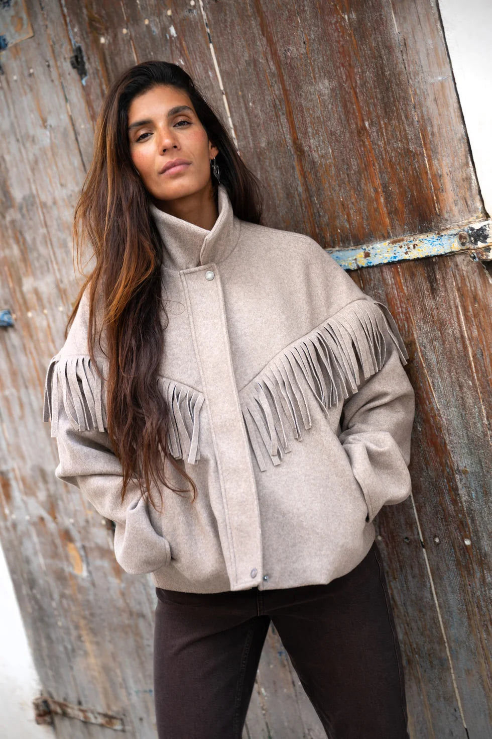 Lizzy Fringe Jacket - taupe