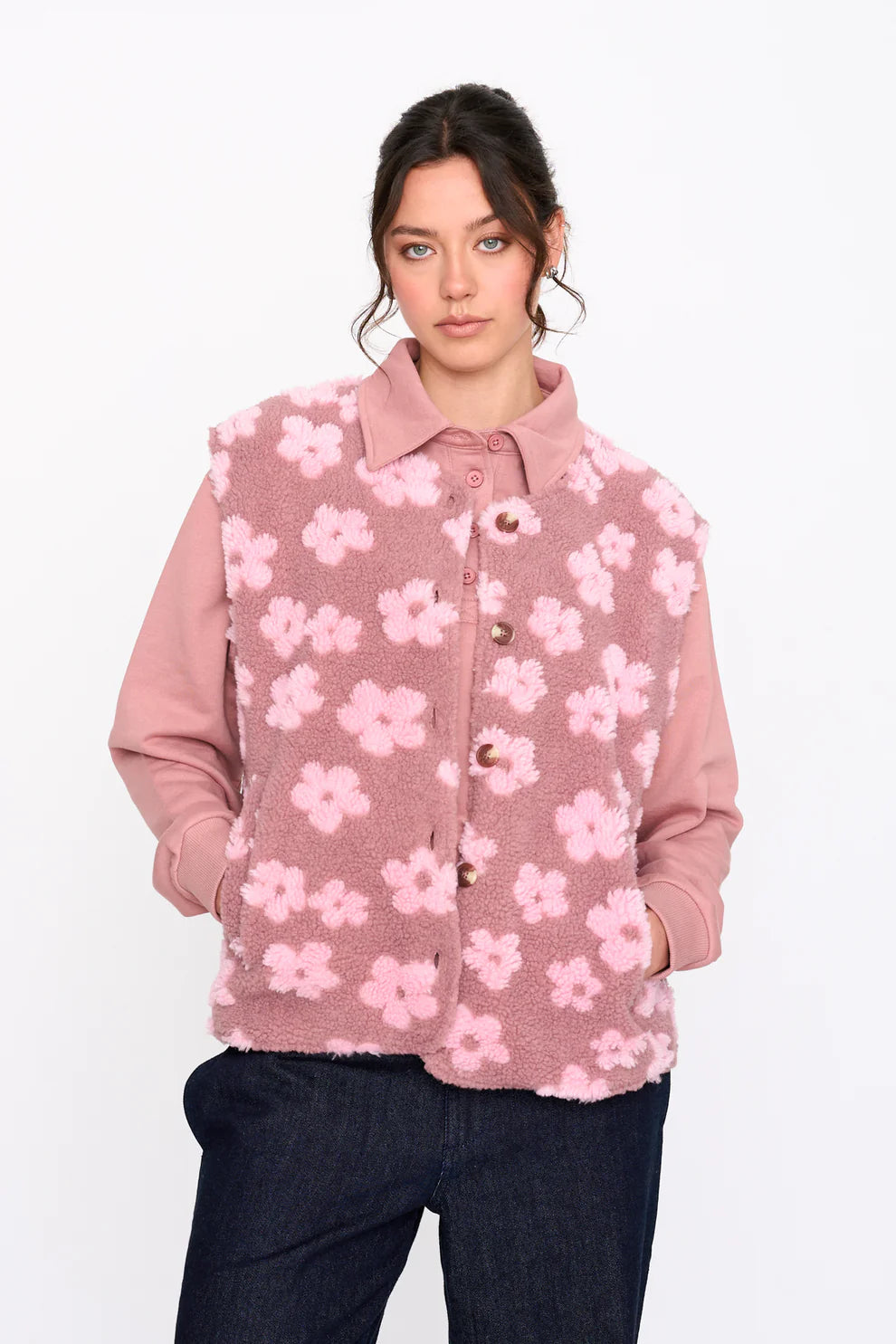 24C Teddy Gilet Flower - roze
