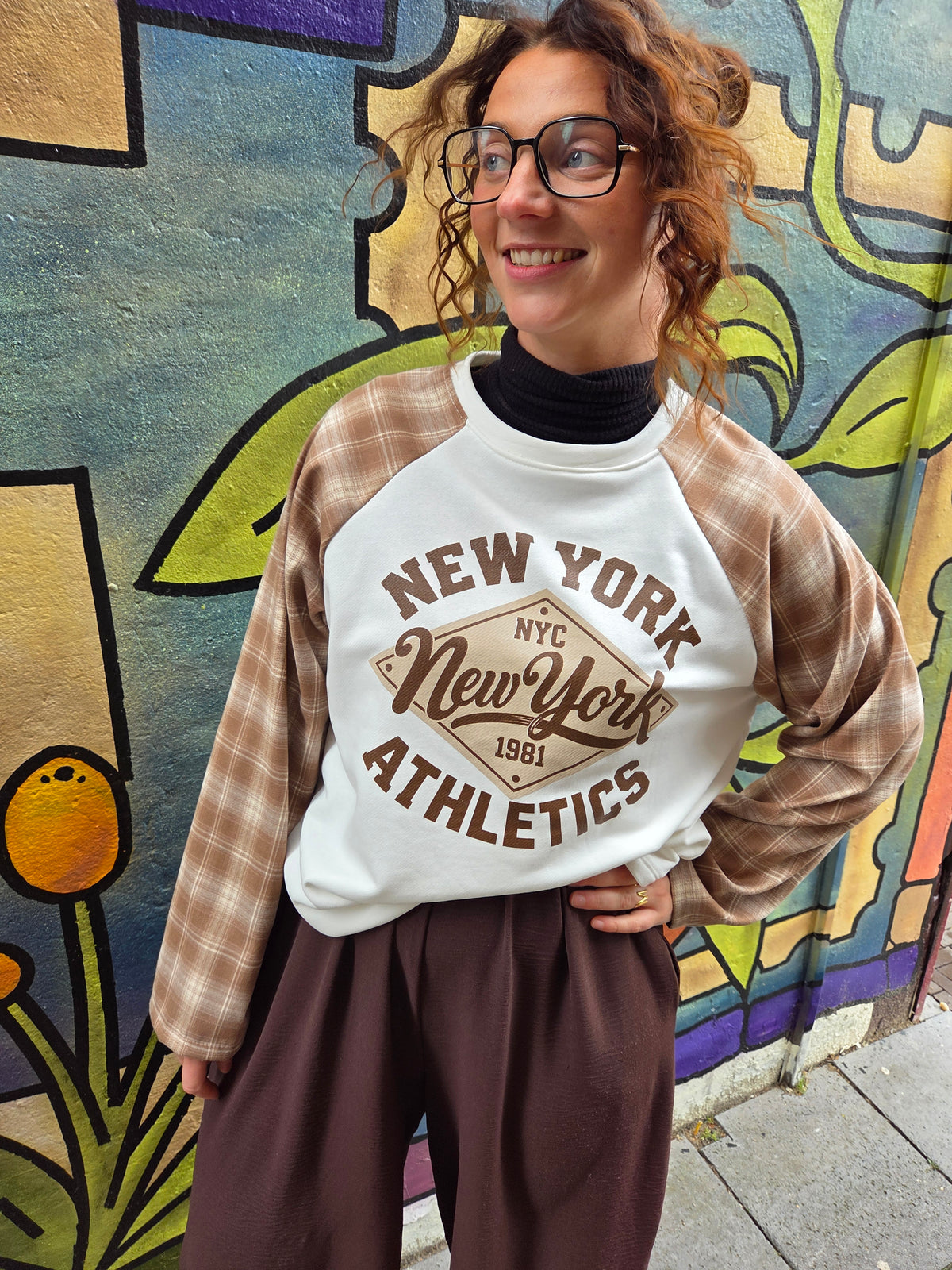 Longsleeve New York - ruit bruin